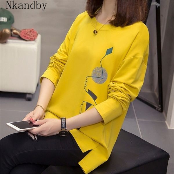 nkandby plus size women t-shirts autumn clothes loose graphic tees shirts oversized split long sleeve print korean lady tshirts 210315, White